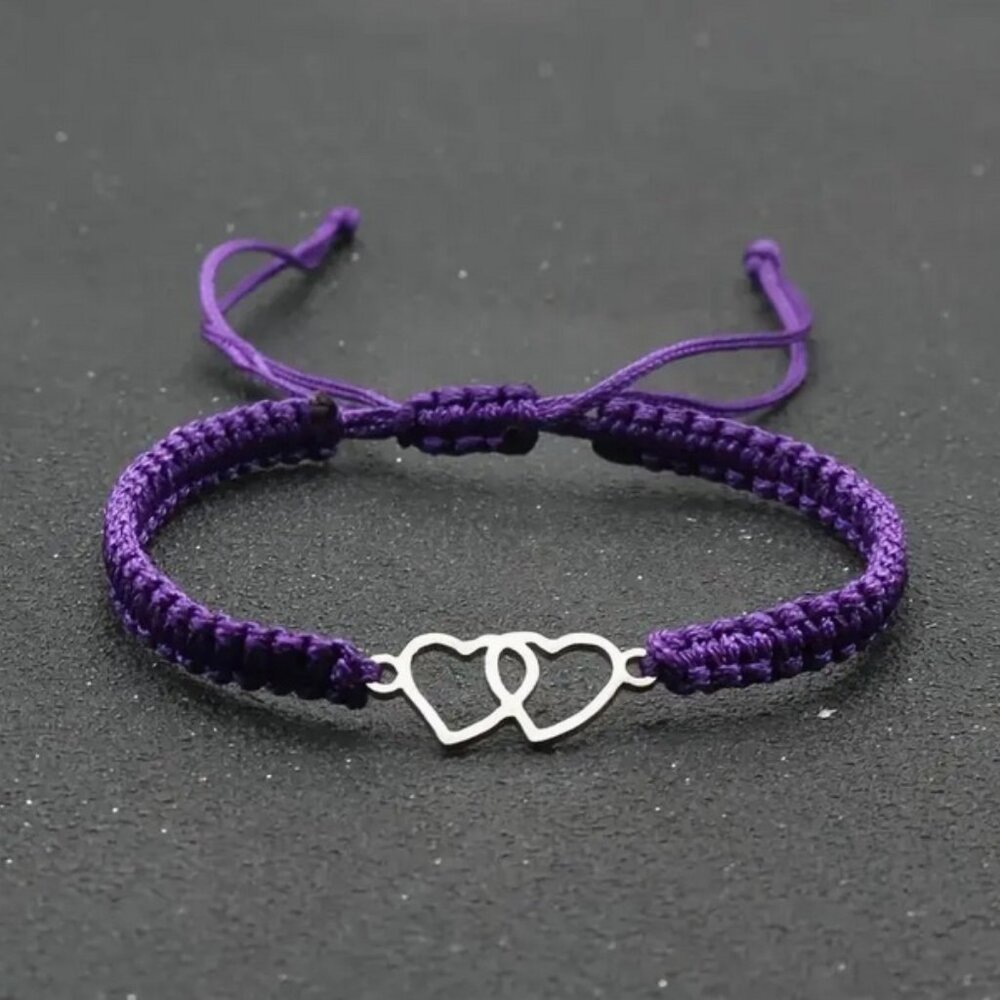 NWT Two Hearts Entwined Bracelet Silvery Purple Rope Adjustable Nylon Braided